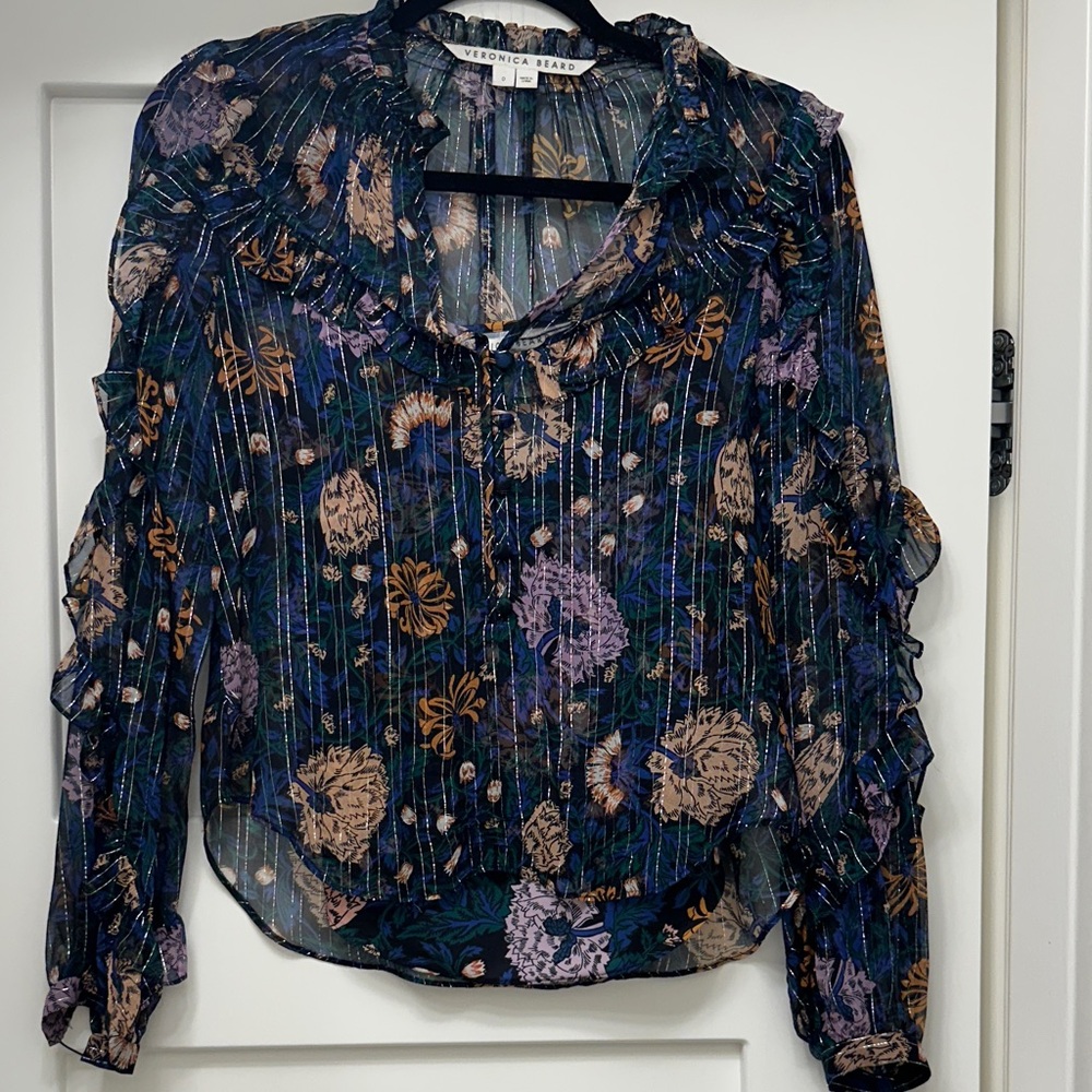 Veronica Beard Navy and Silver Floral Blouse with attached camisole